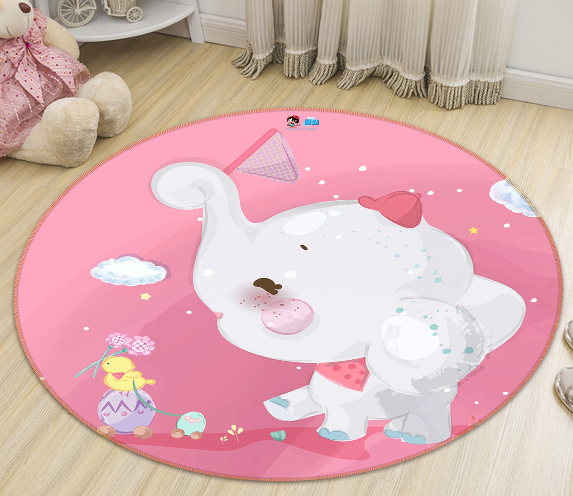 3D Cartoon Elephant 81095 Round Non Slip Rug Mat