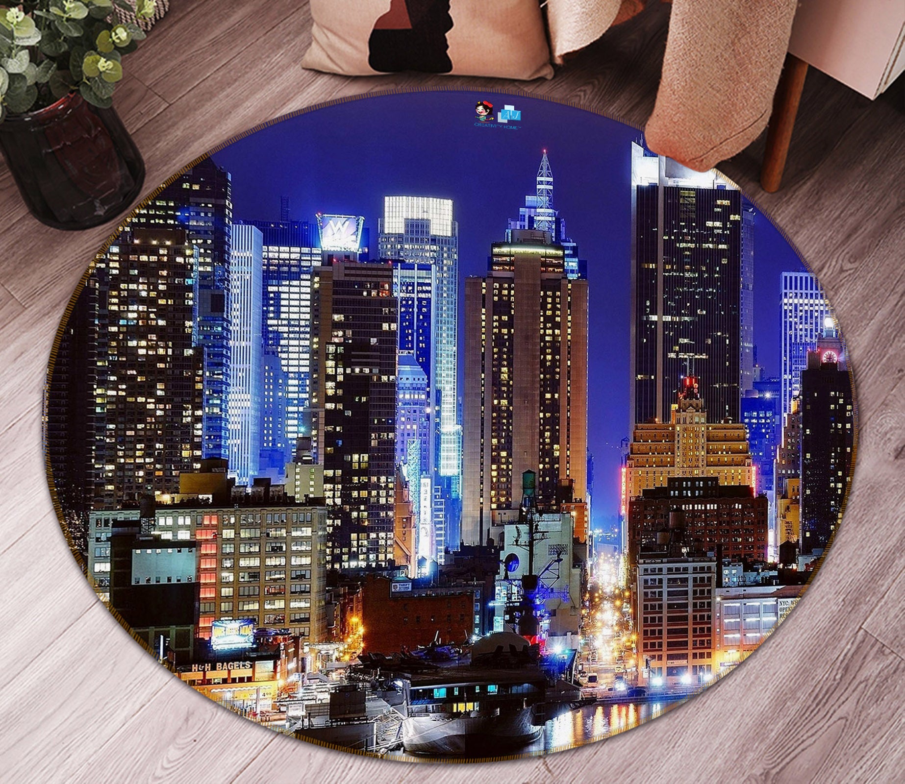3D City Night View 74095 Round Non Slip Rug Mat