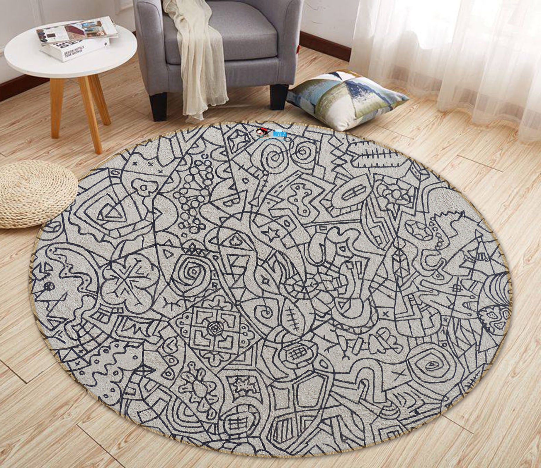 3D Black White Graffiti Wall 74035 Round Non Slip Rug Mat