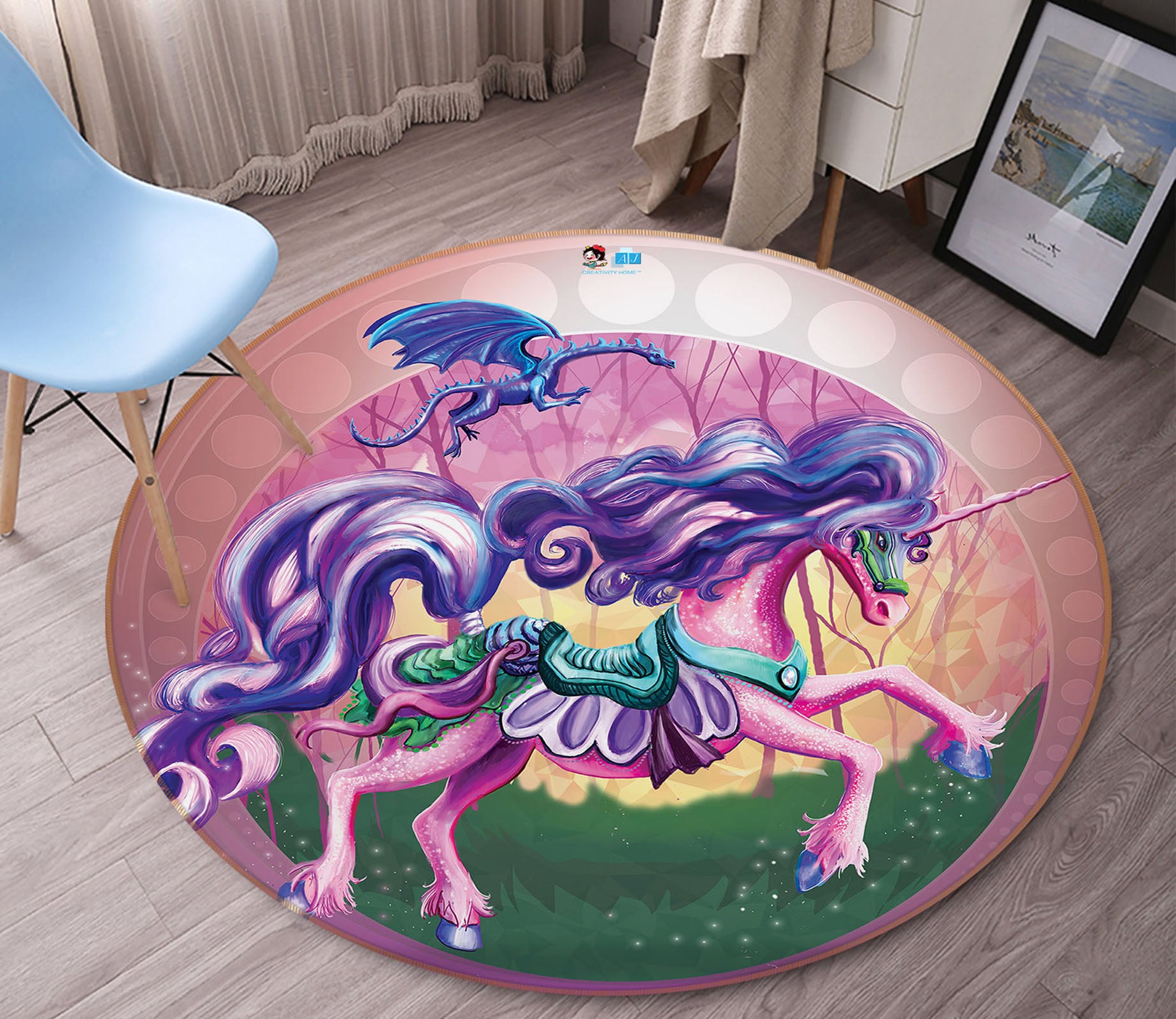3D Color Blue Unicorn 83170 Rose Catherine Khan Rug Round Non Slip Rug Mat