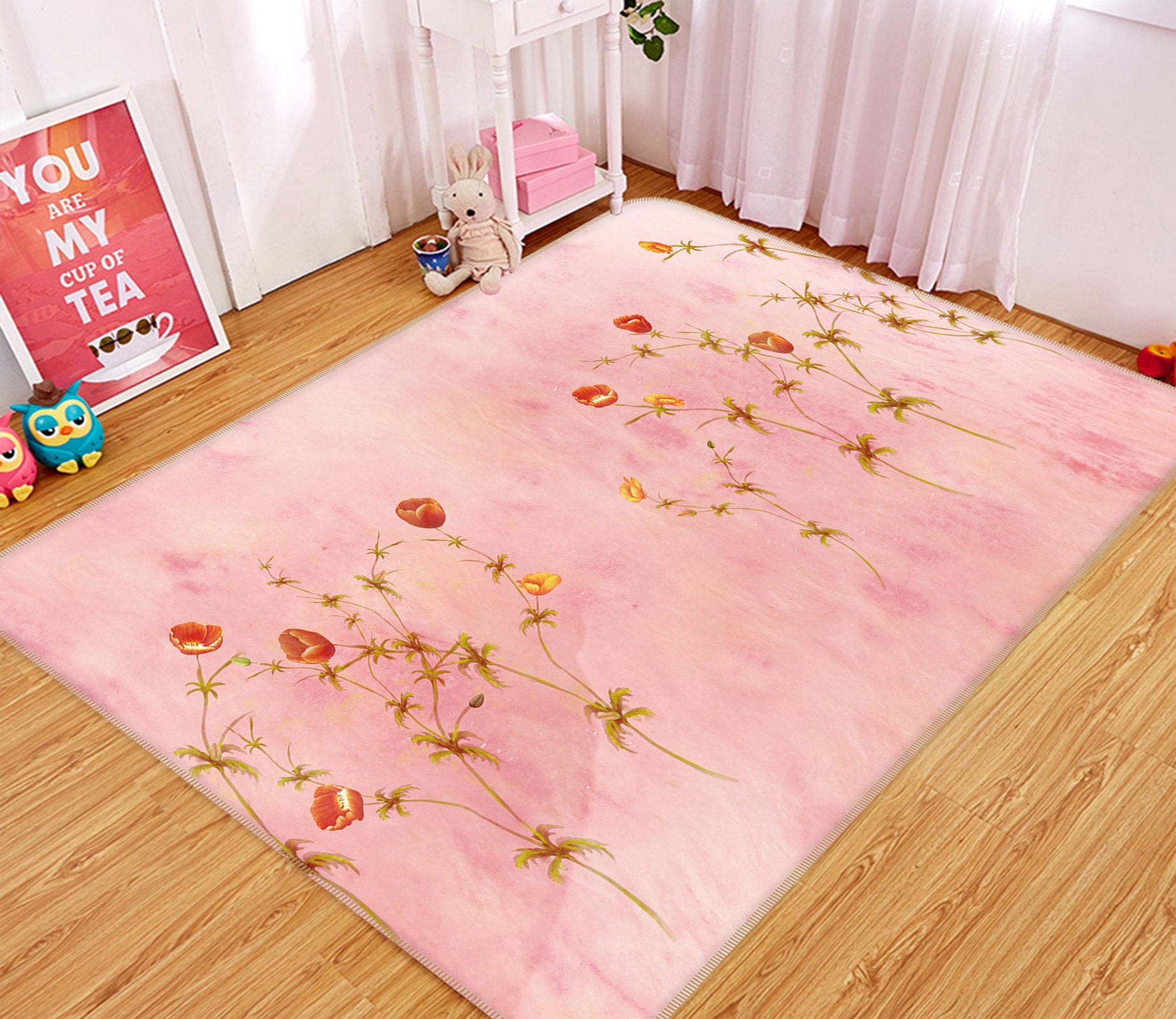 3D Pink Flowers 75163 Non Slip Rug Mat