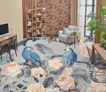 3D Blue Parrot Flower Bush 104159 Andrea Haase Floor Mural