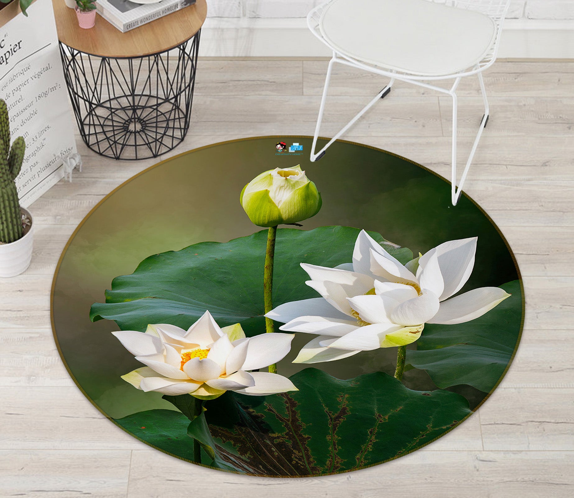 3D White Lotus 71165 Round Non Slip Rug Mat