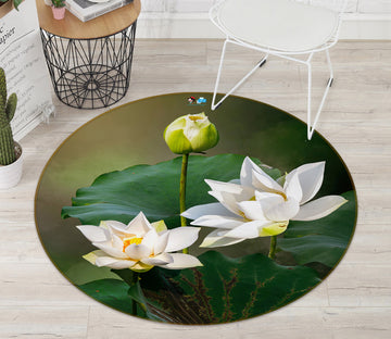3D White Lotus 71165 Round Non Slip Rug Mat