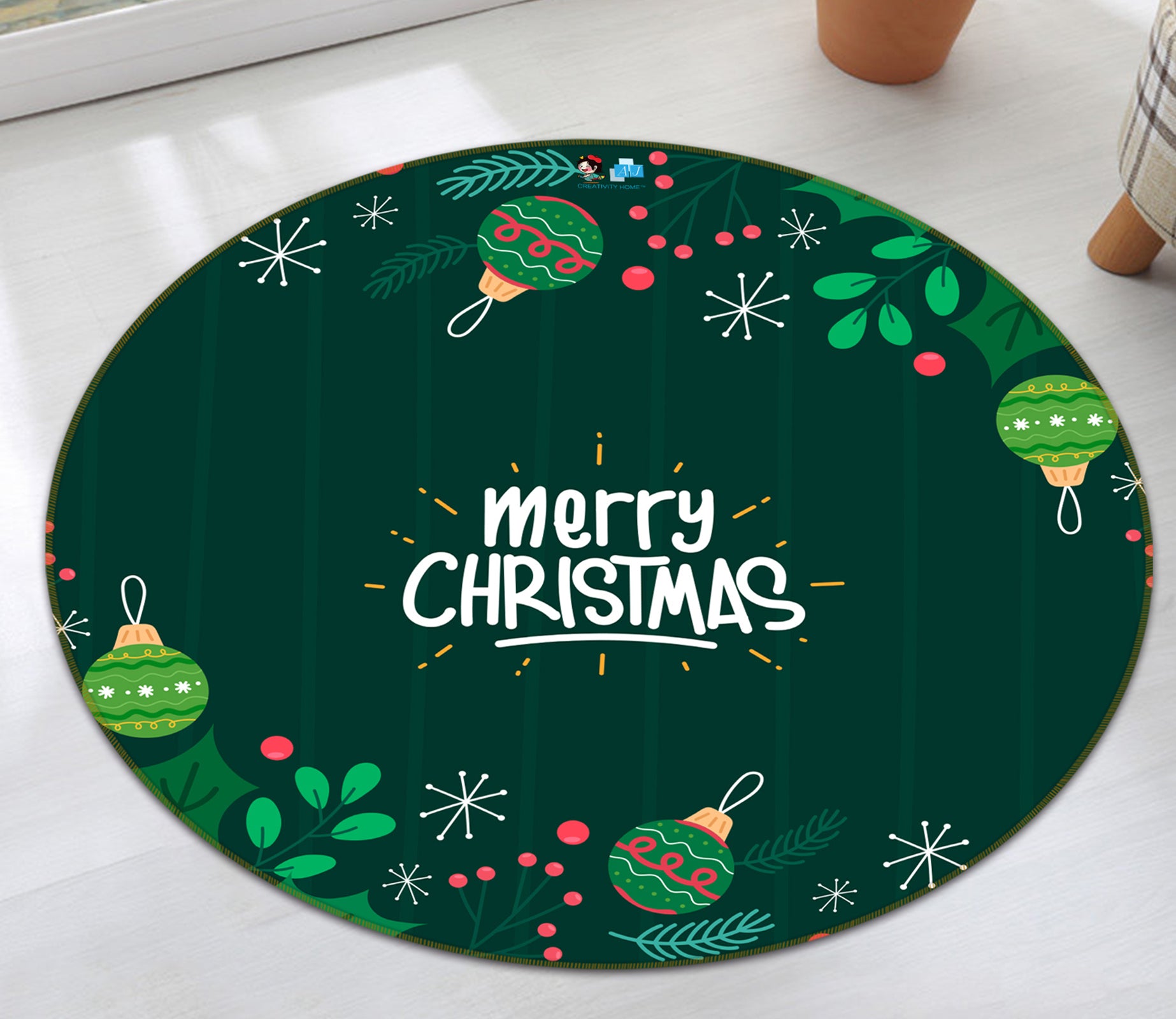 3D Christmas Green Balls 81129 Round Non Slip Rug Mat