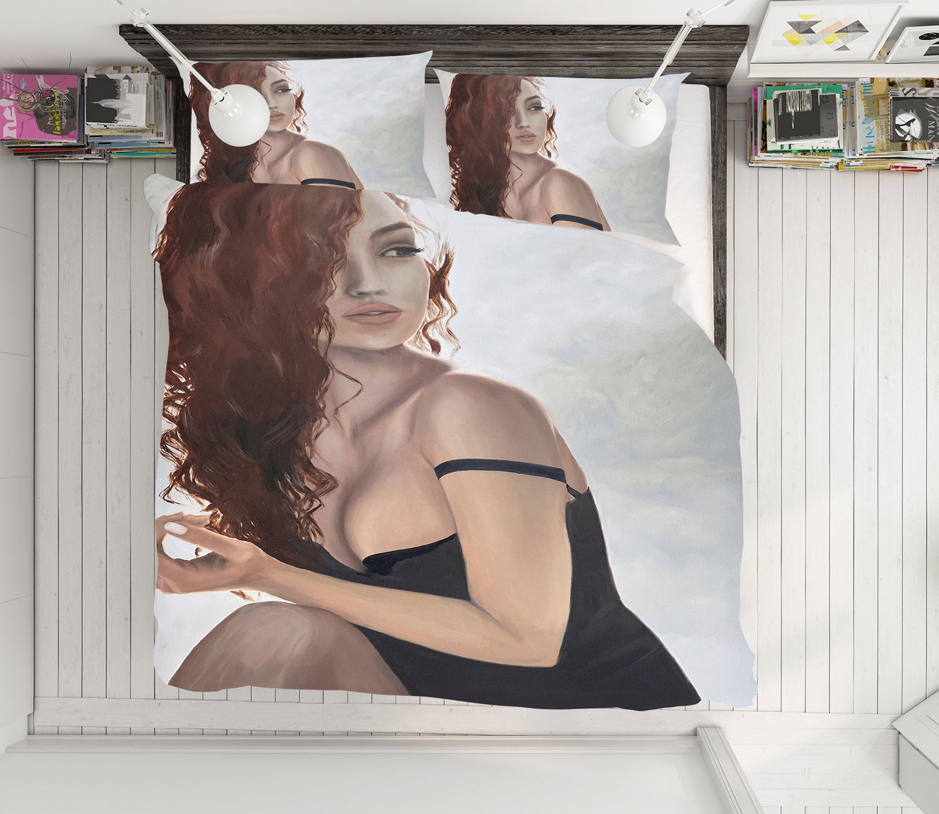 3D Woman Red Curly Hair Black Dress 9792 Marina Zotova Bedding Bed Pillowcases Quilt