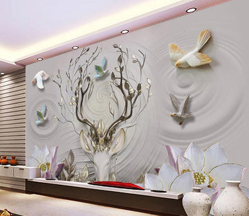 3D Dove Lotus Deer WC634 Wall Murals