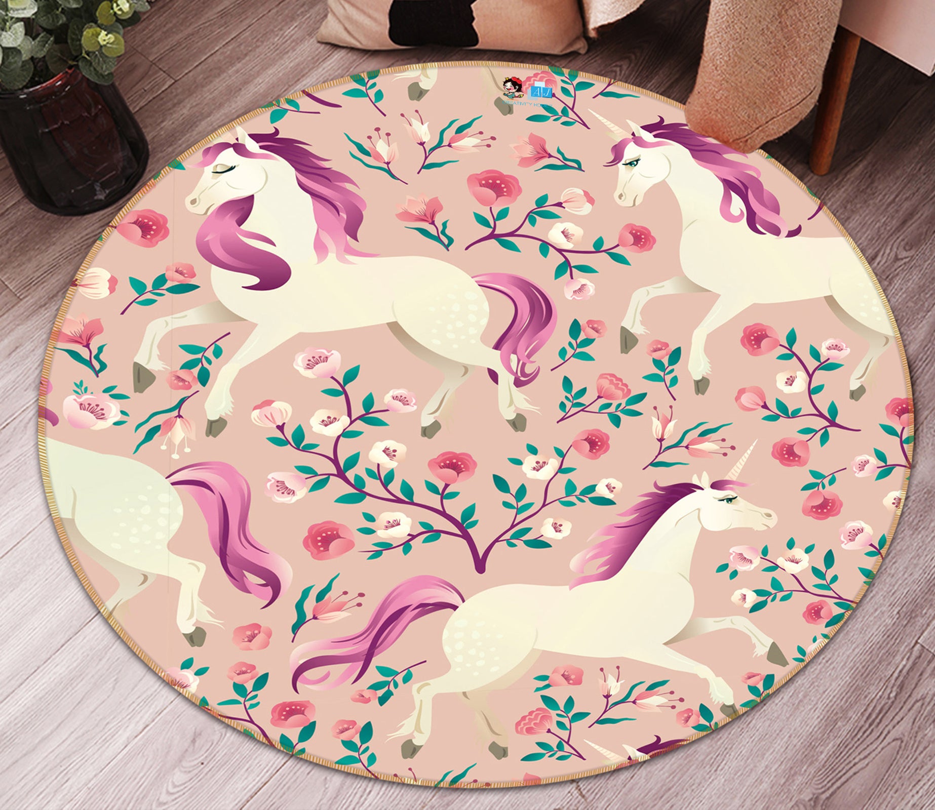 3D Flowers Unicorn Pattern 81127 Round Non Slip Rug Mat