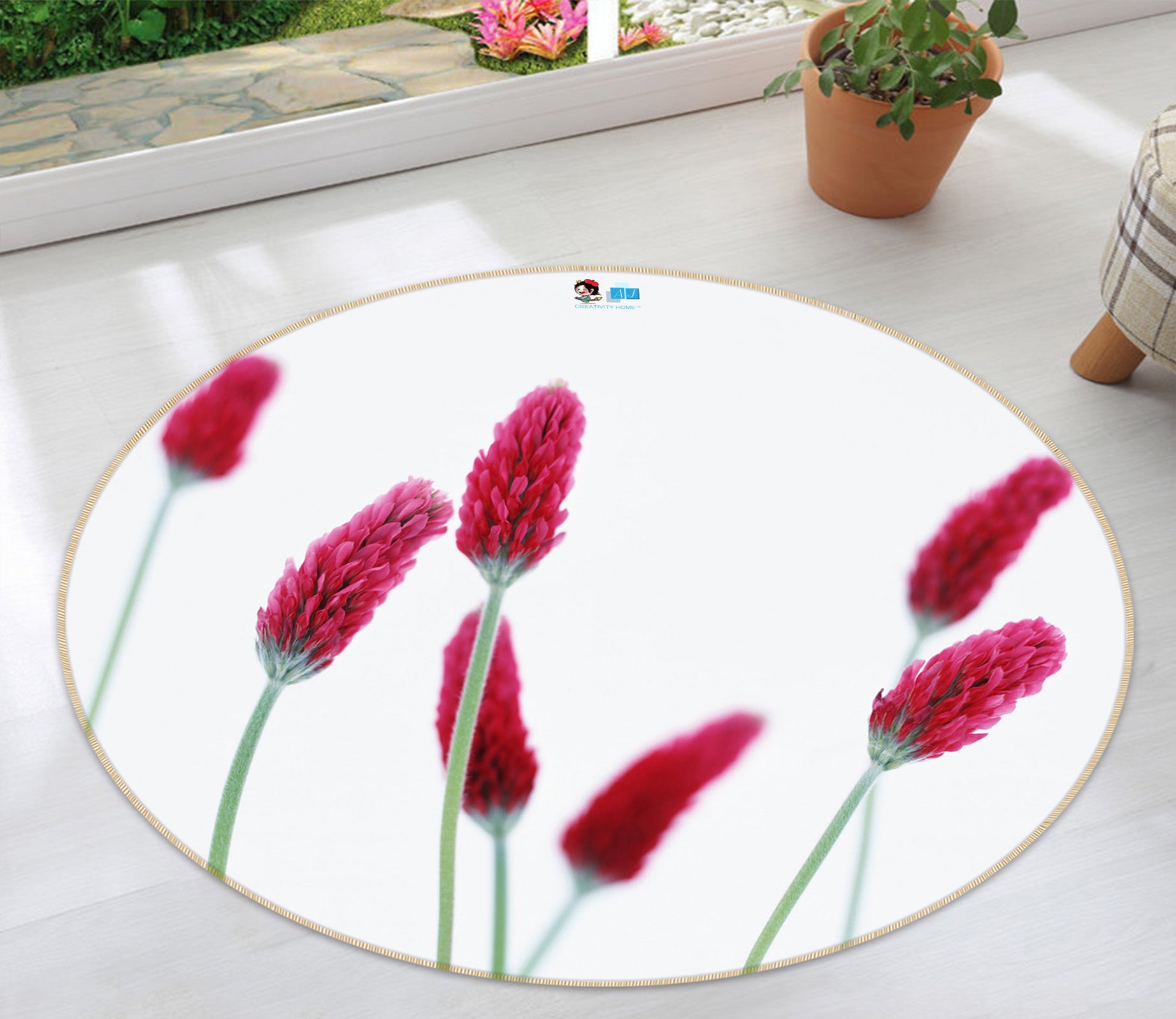 3D Red Flowers 72226 Round Non Slip Rug Mat