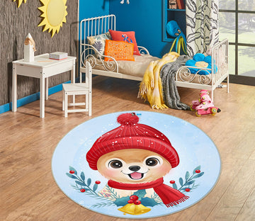 3D Dog Red Hat 75137 Round Non Slip Rug Mat