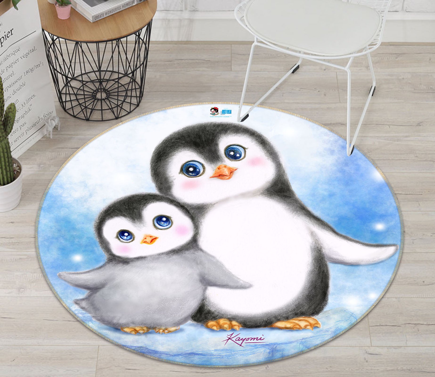 3D Cute Penguin 6050 Kayomi Harai Rug Round Non Slip Rug Mat