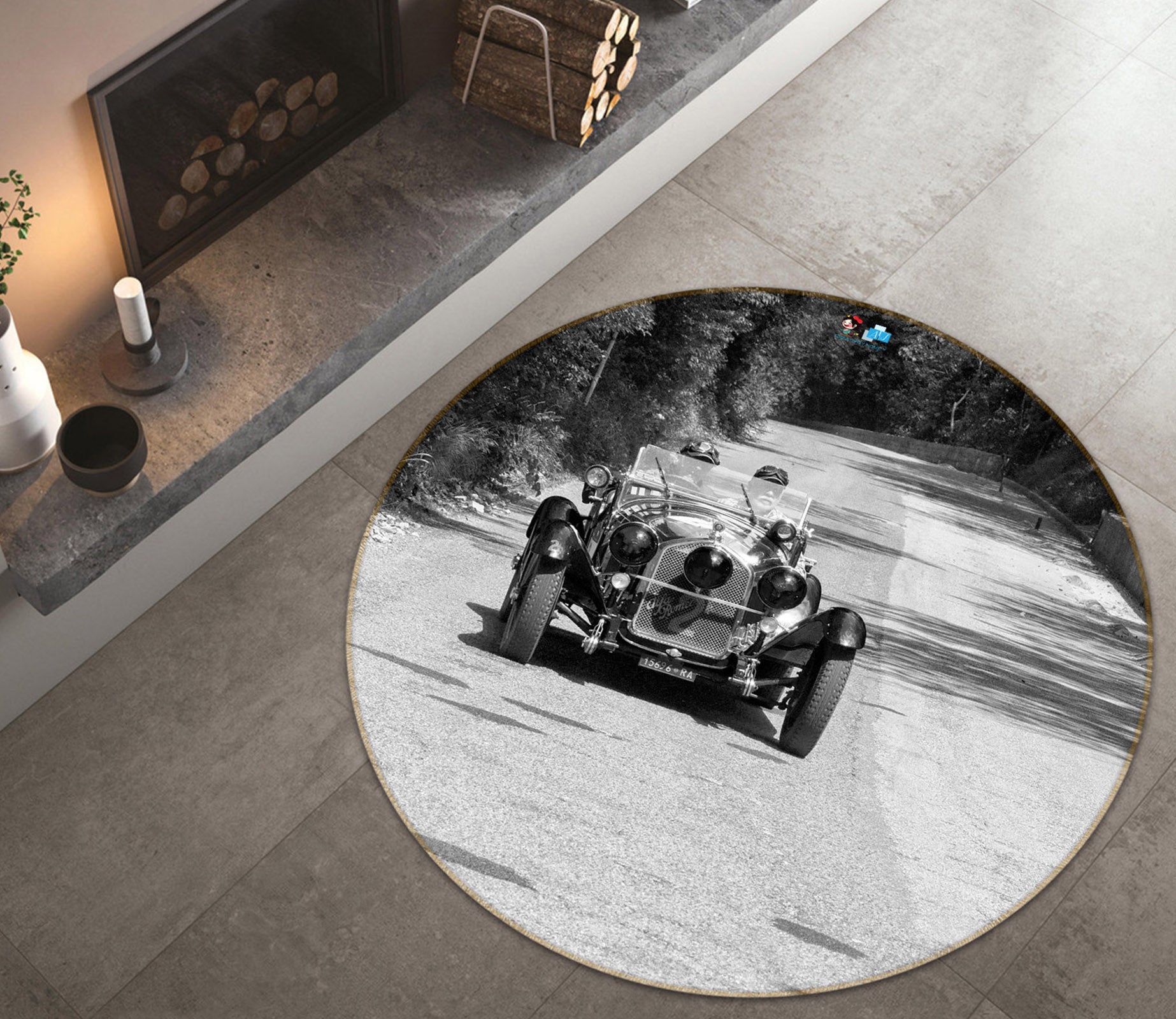 3D Tree Road Car 74193 Round Non Slip Rug Mat