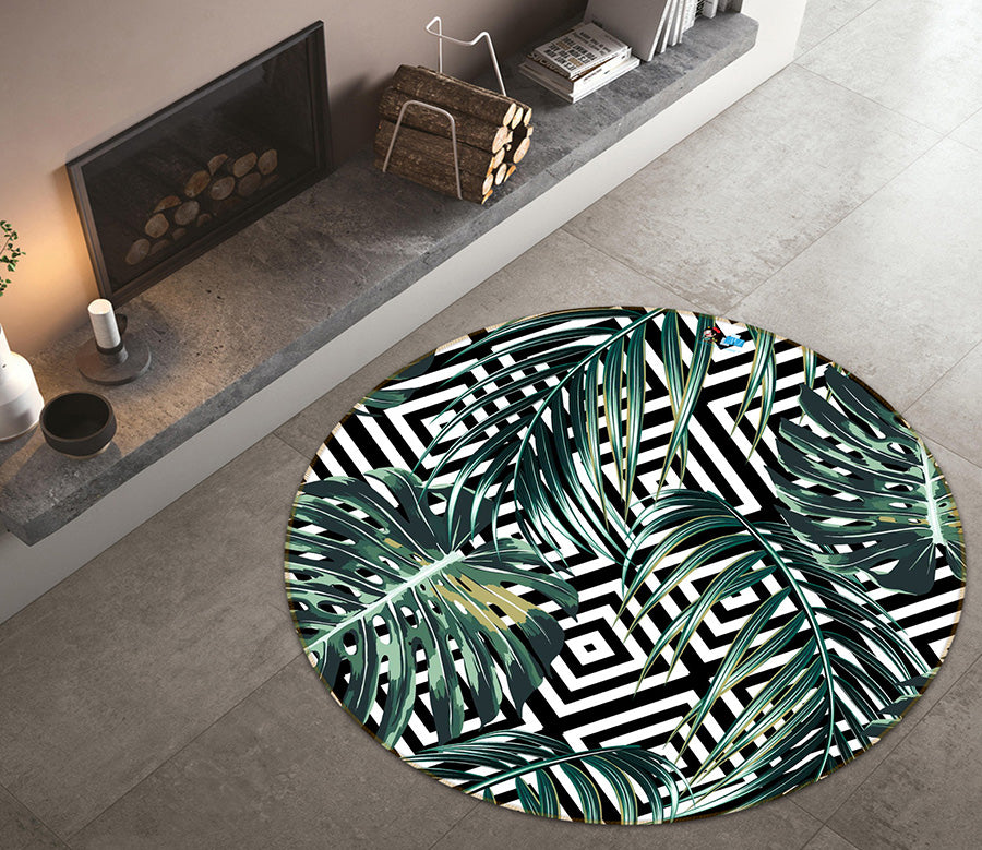 3D Leaves Black White Stripes 64131 Round Non Slip Rug Mat
