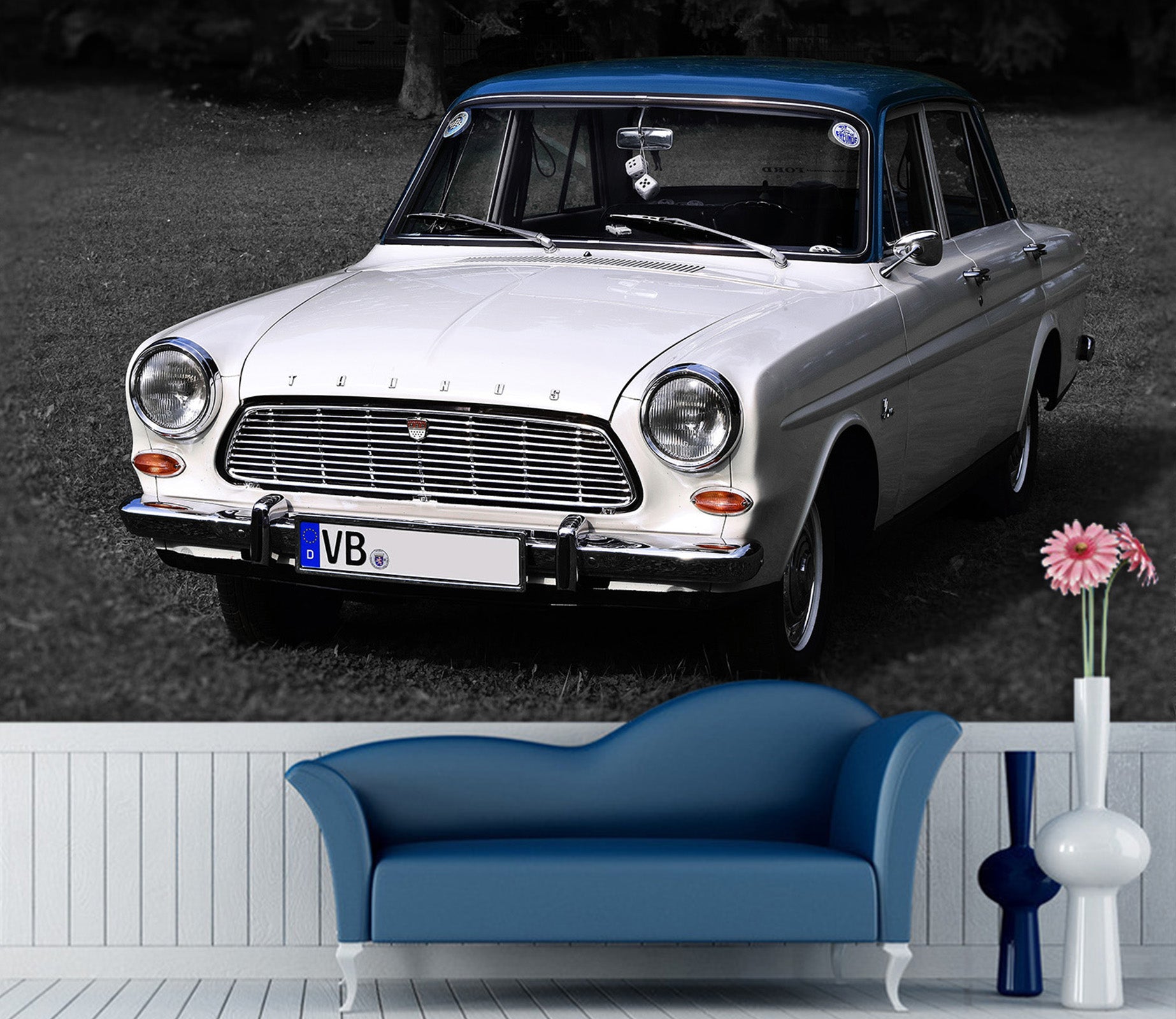 3D White Car 183 Vehicle Wall Murals