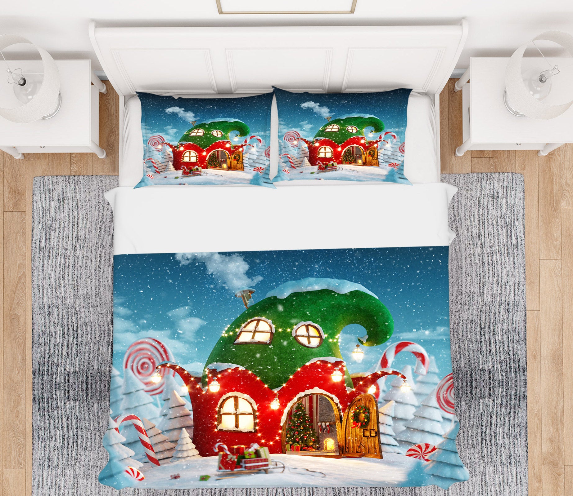 3D Snow Red Green Cabin 51001 Christmas Quilt Duvet Cover Xmas Bed Pillowcases