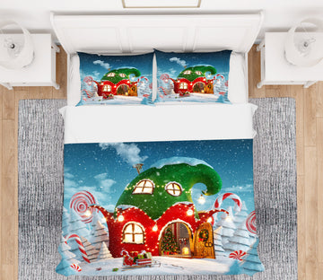 3D Snow Red Green Cabin 51001 Christmas Quilt Duvet Cover Xmas Bed Pillowcases