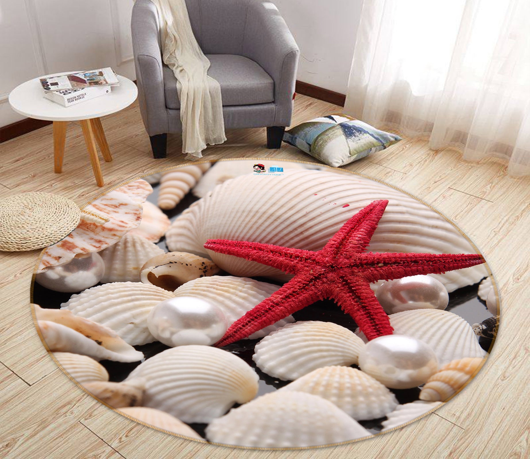 3D Starfish Shell Pearl 72201 Round Non Slip Rug Mat