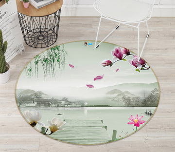 3D Wooden Bridge Lake 74100 Round Non Slip Rug Mat