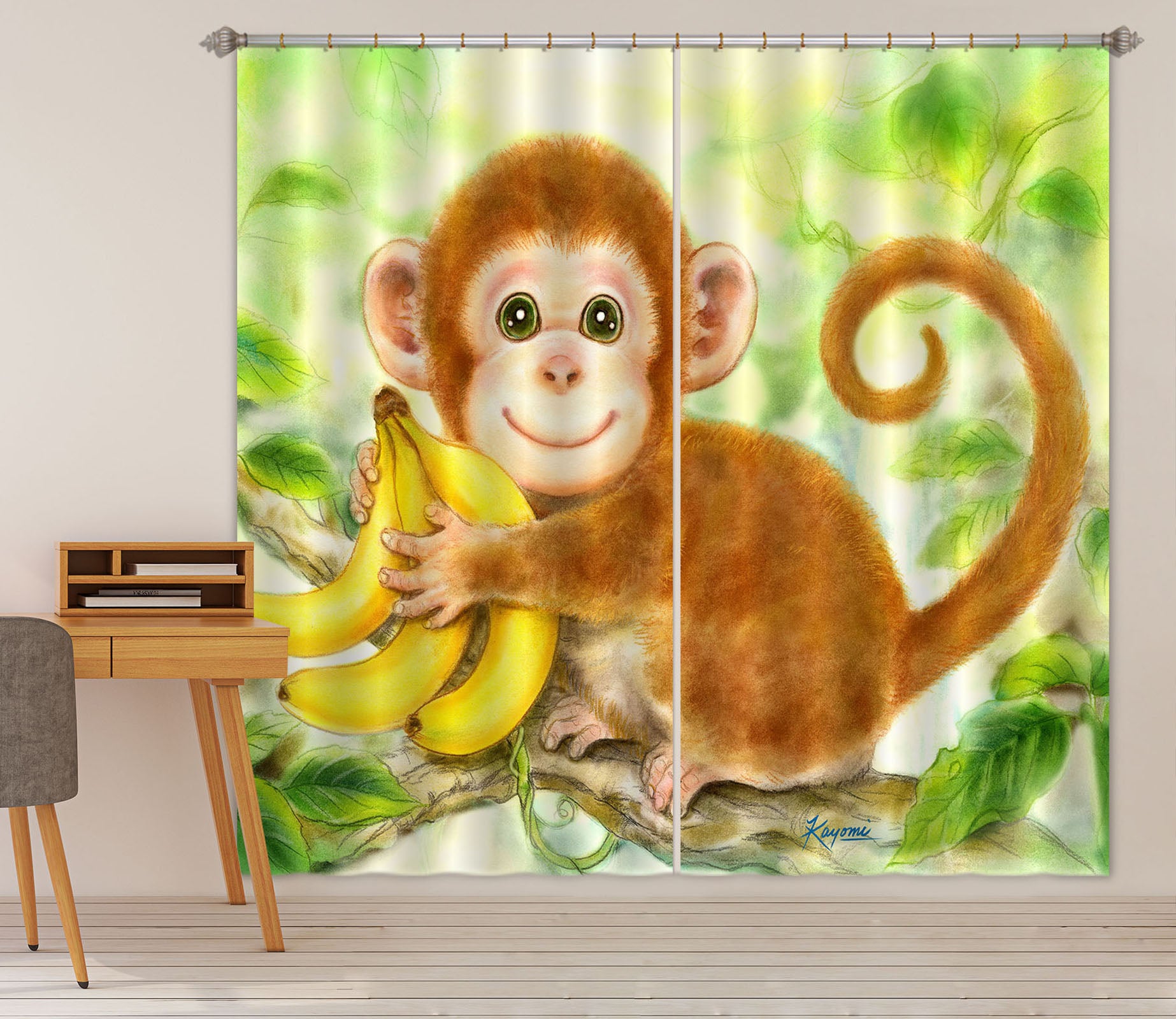 3D Cute Monkey Banana 9005 Kayomi Harai Curtain Curtains Drapes