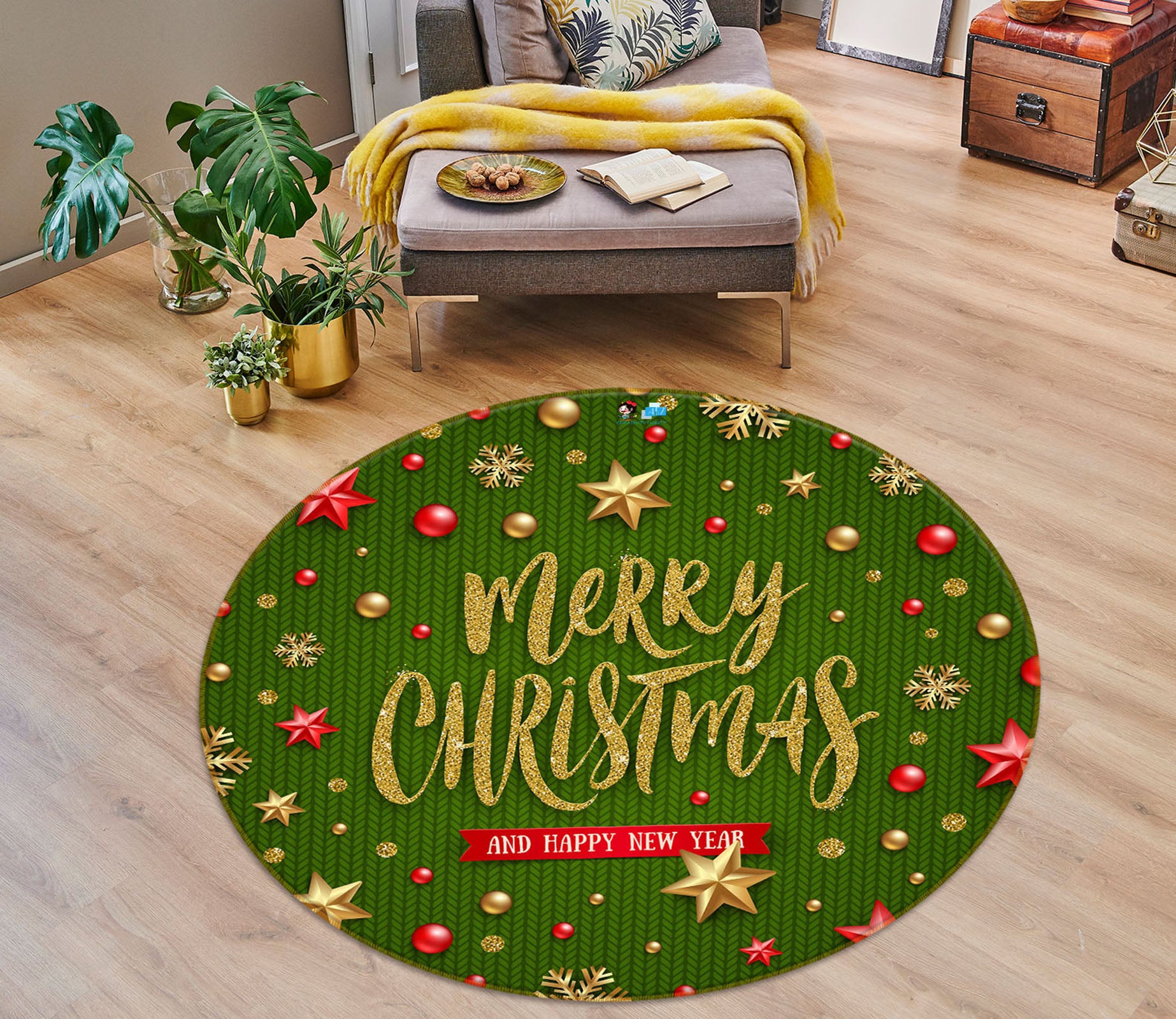 3D Green Yellow Star 54167 Christmas Round Non Slip Rug Mat Xmas
