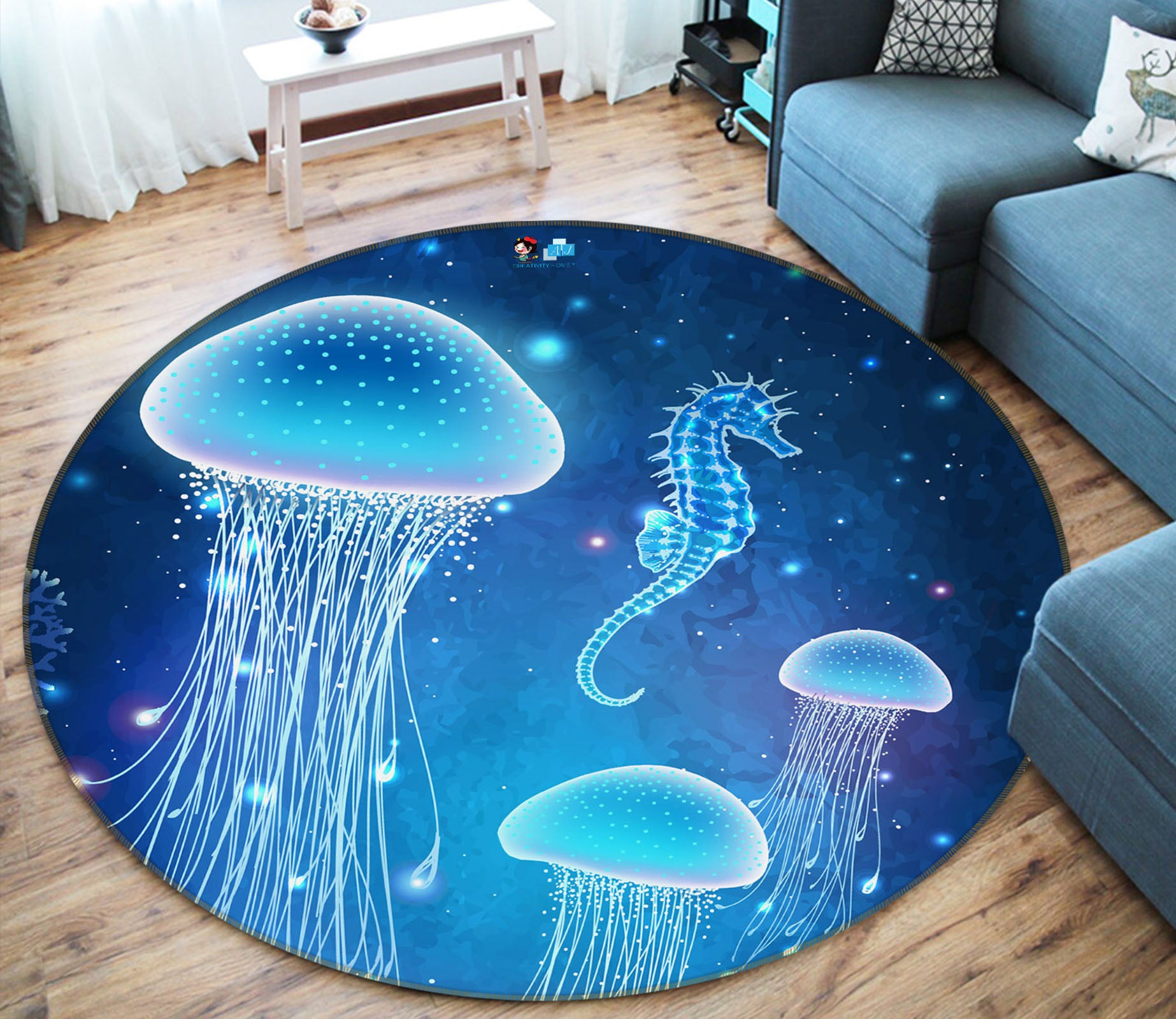3D Jellyfish Hippocampus 69156 Round Non Slip Rug Mat