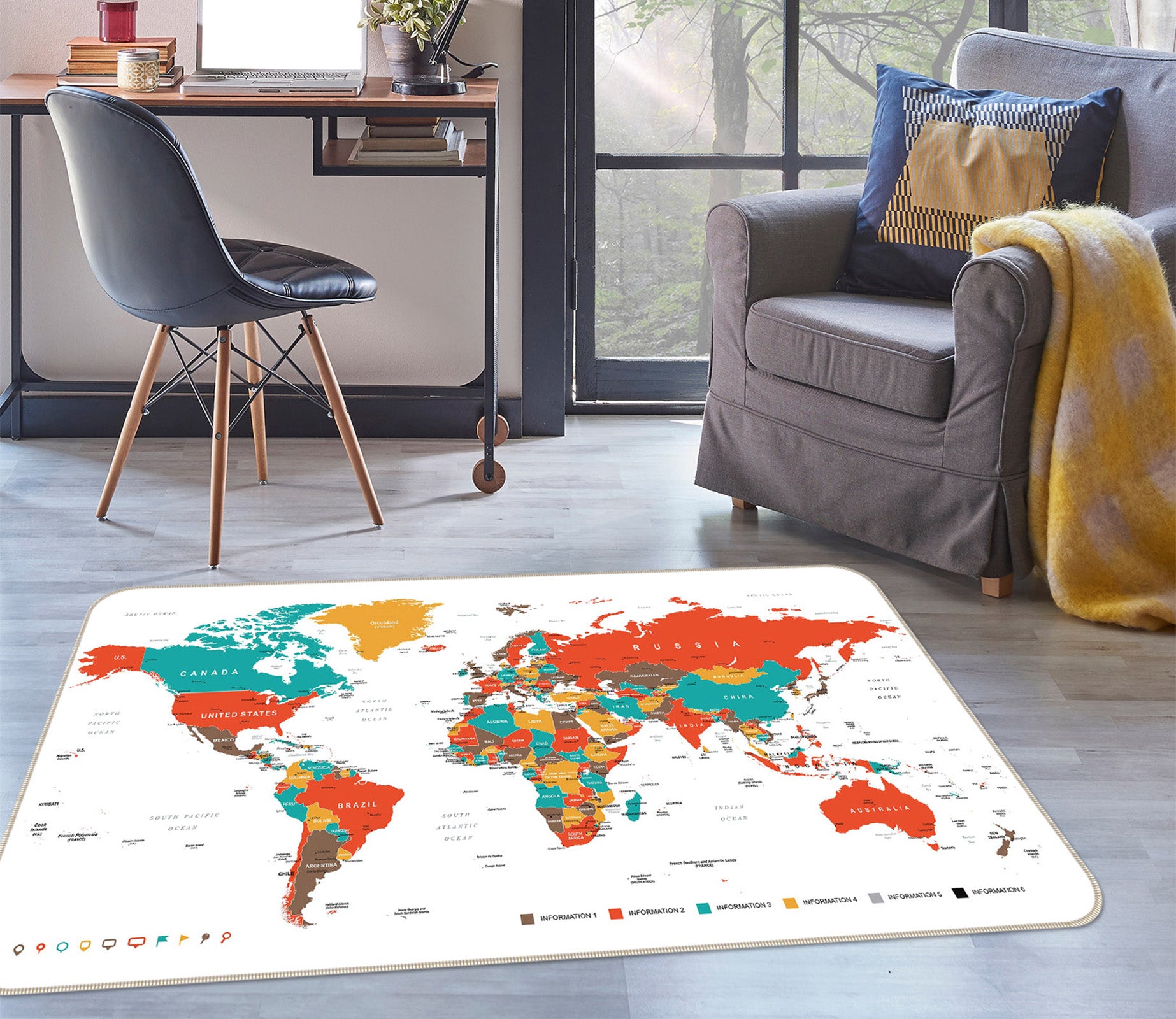 3D Color Clouds 252 World Map Non Slip Rug Mat