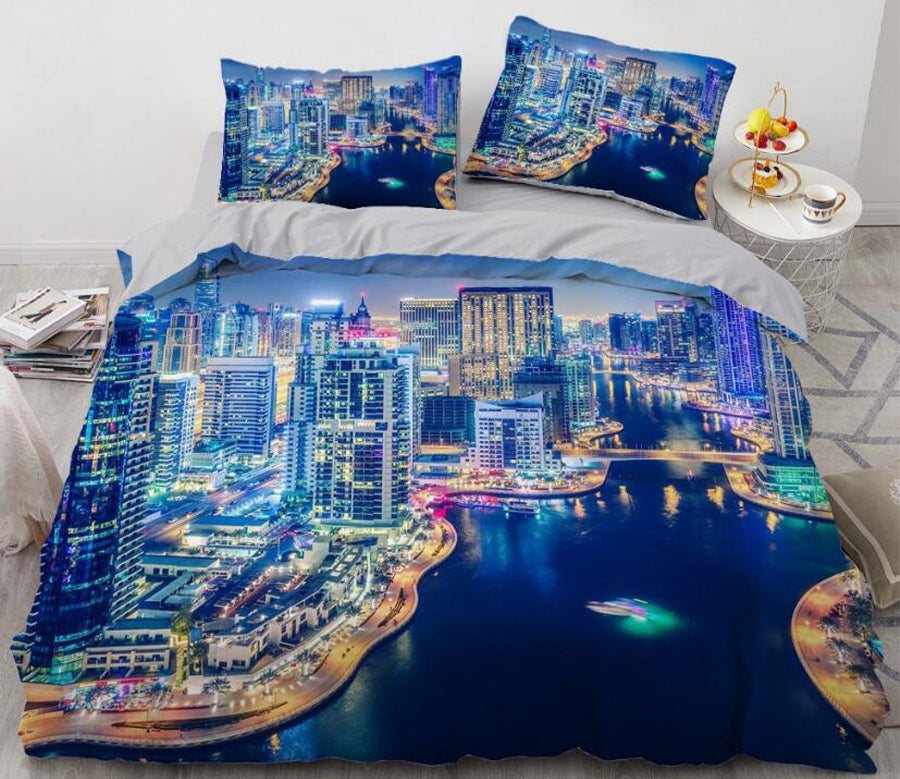 3D Night Urban Harbour 11126 Bed Pillowcases Quilt
