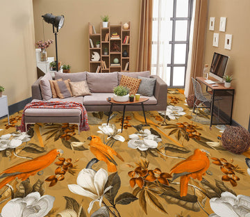 3D White Flowers Yellow Bird 10030 Uta Naumann Floor Mural