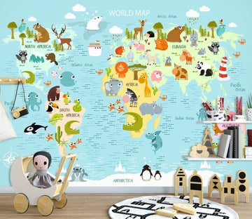 3D Animal Friend 2145 World Map Wall Murals