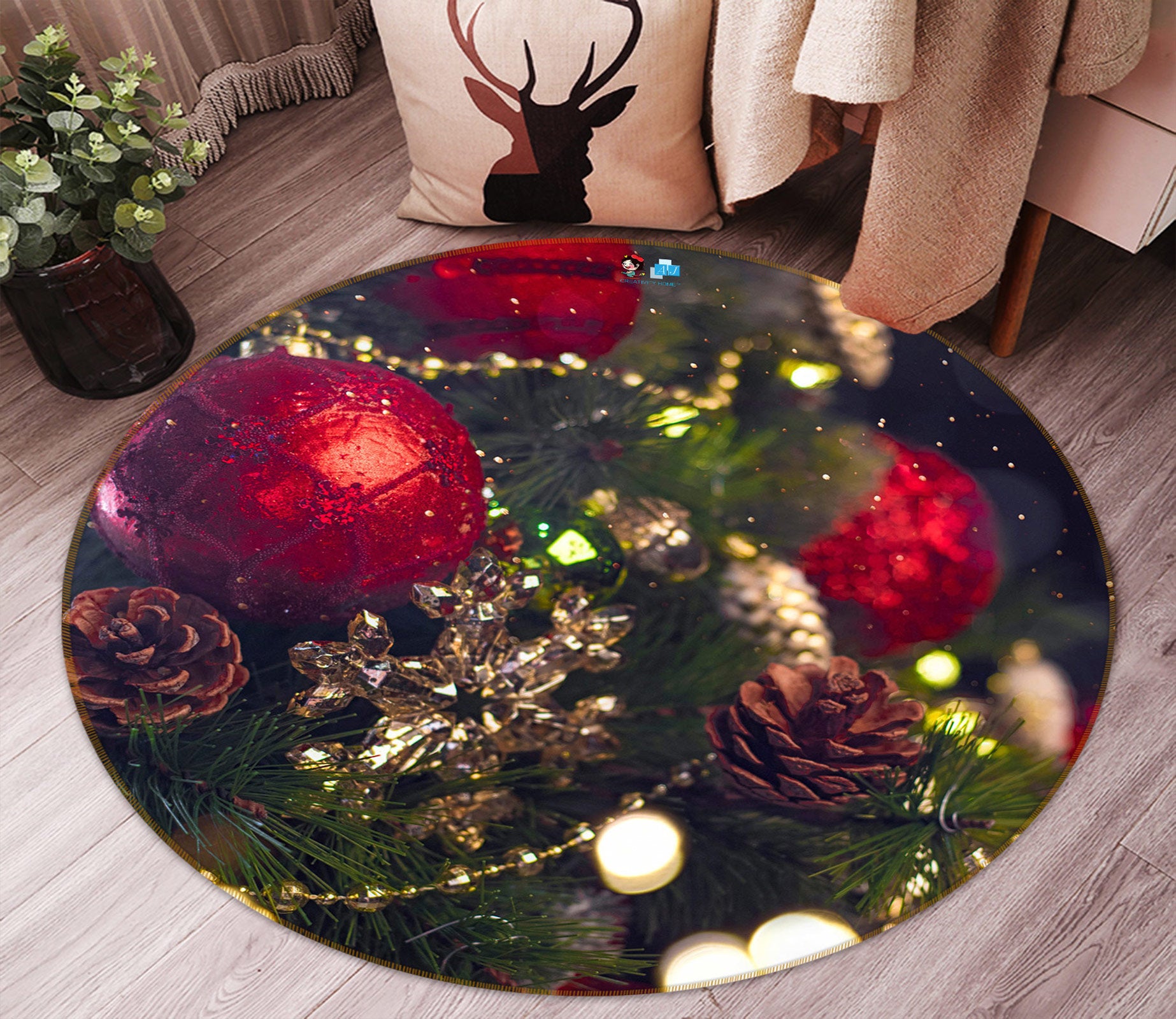 3D Red Ball 54090 Christmas Round Non Slip Rug Mat Xmas