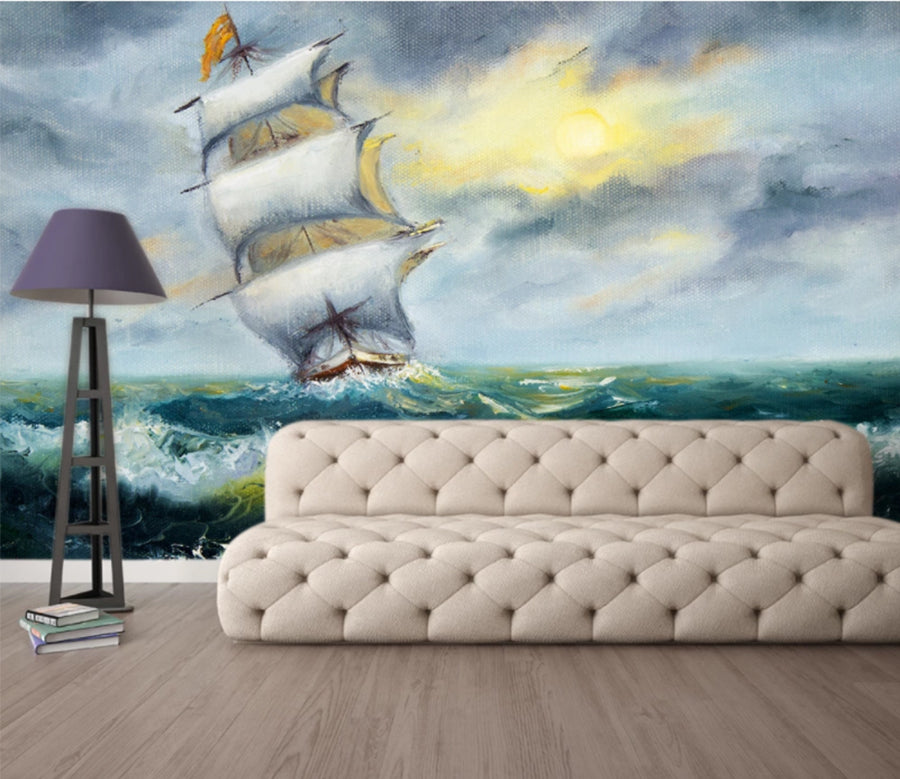 3D Wave Boat WC998 Wall Murals