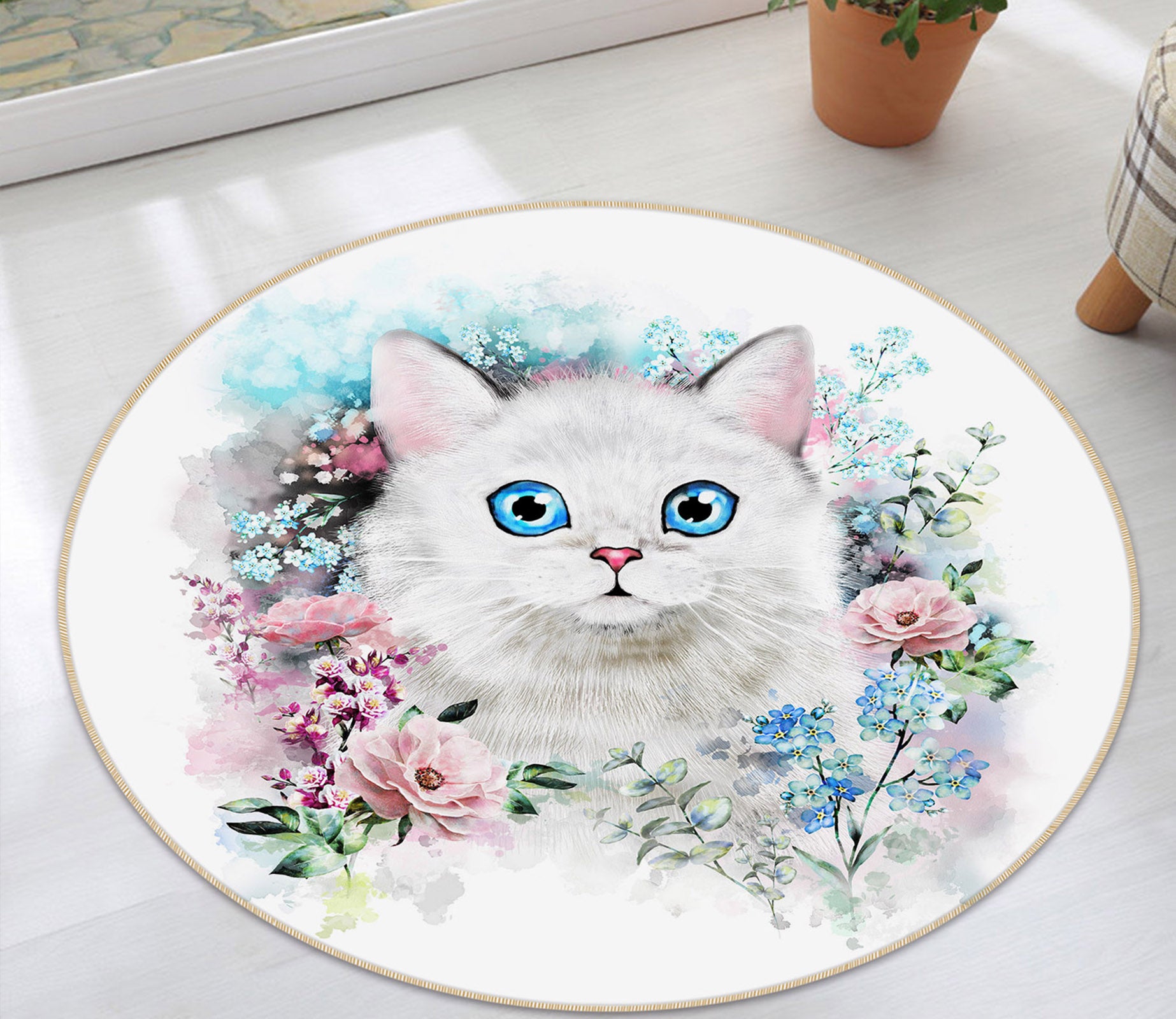 3D Flower Bush White Cat 29082 Round Non Slip Rug Mat