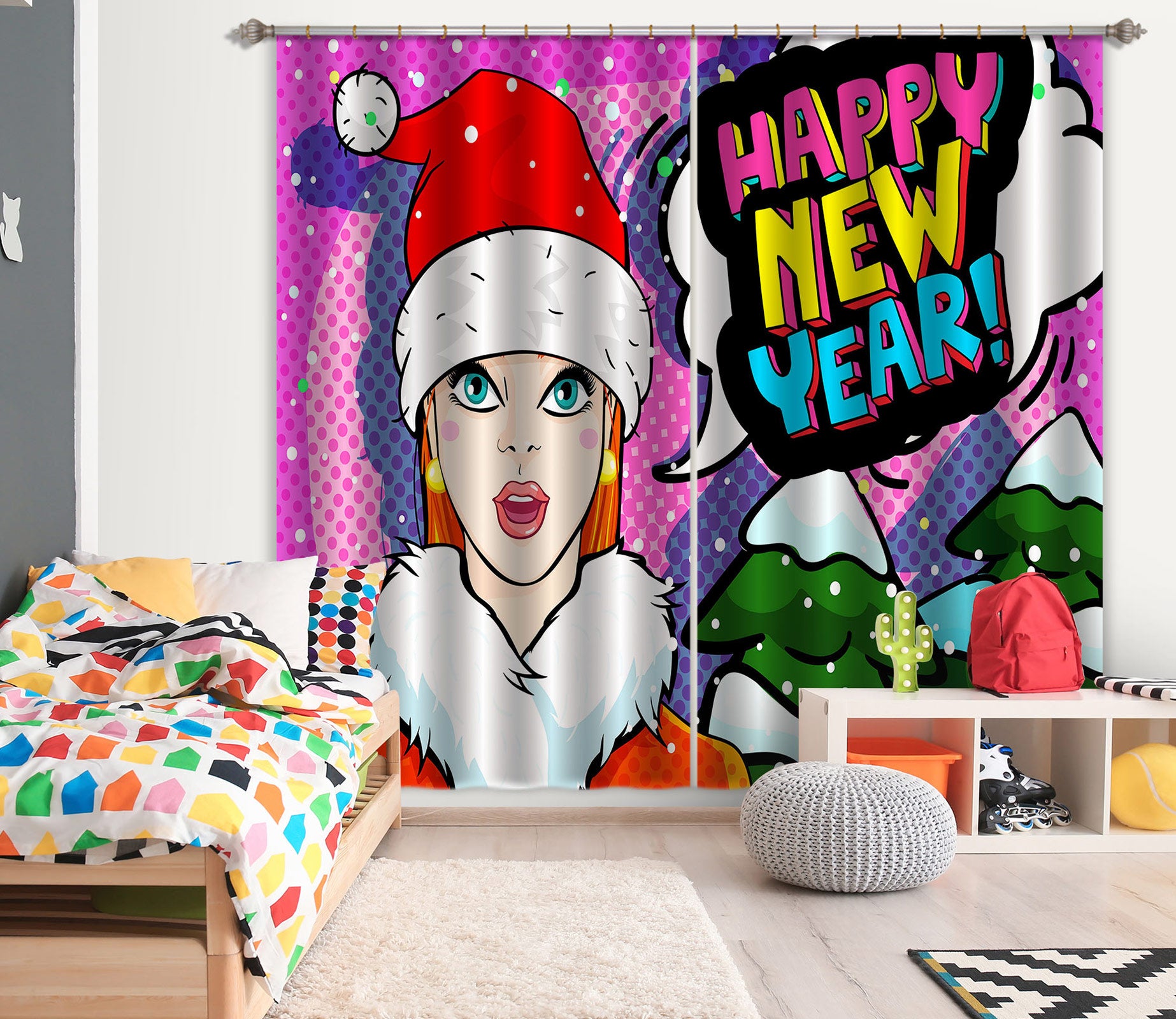 3D Christmas Tree Girl 057 Curtains Drapes