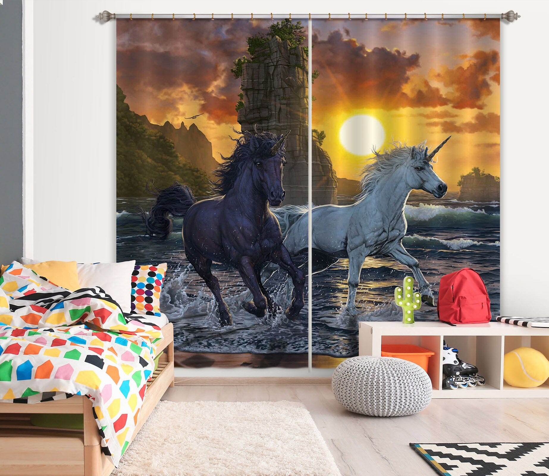 3D Unicorns In Sunset 088 Vincent Hie Curtain Curtains Drapes Curtains AJ Creativity Home 
