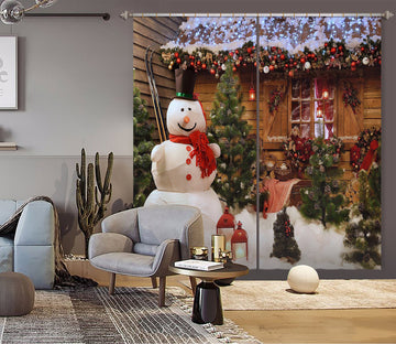 3D Snowman Wooden House 52083 Christmas Curtains Drapes Xmas