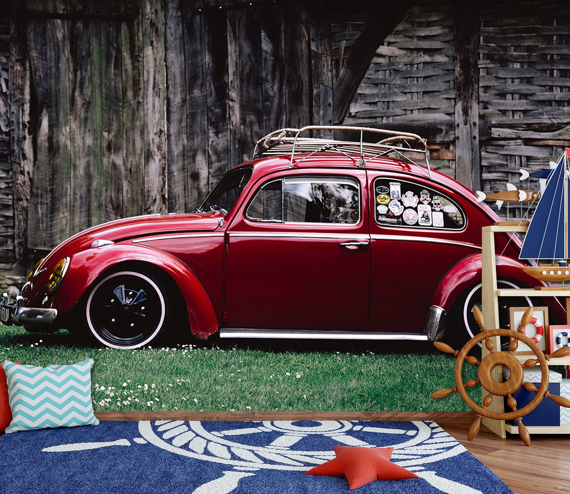 3D House Red Car 201 Vehicle Wall Murals