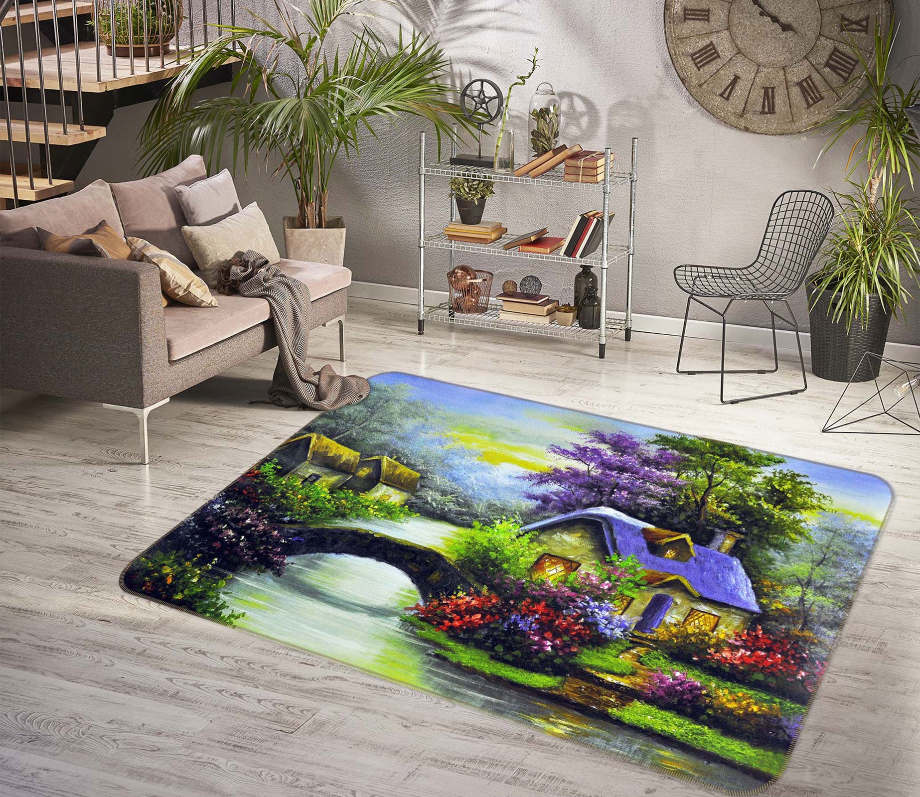 3D Flower Bush House Bridge 75287 Non Slip Rug Mat