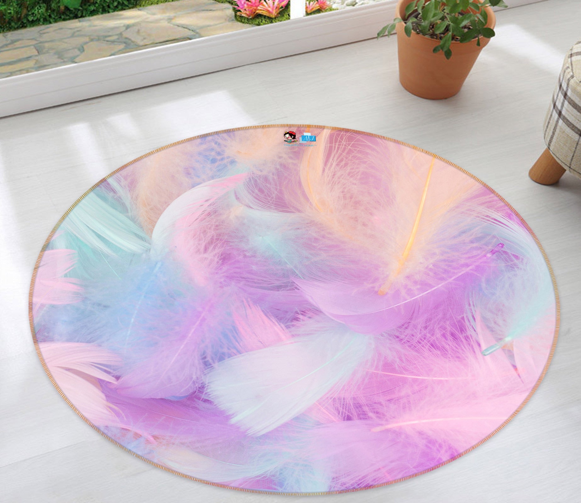 3D Color Feather 81201 Round Non Slip Rug Mat