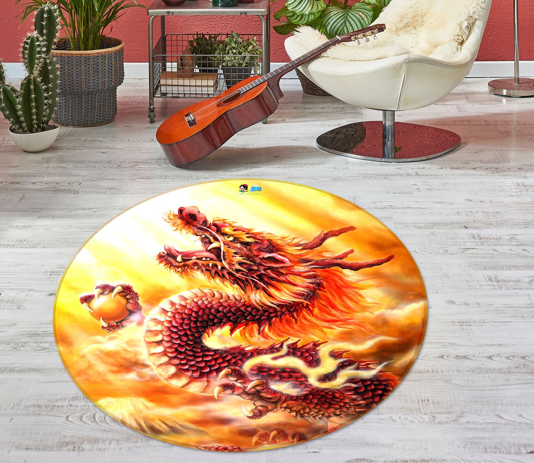 3D Red Dragon 6055 Kayomi Harai Rug Round Non Slip Rug Mat