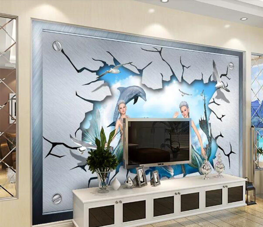 3D Mermaid Seagull WC333 Wall Murals