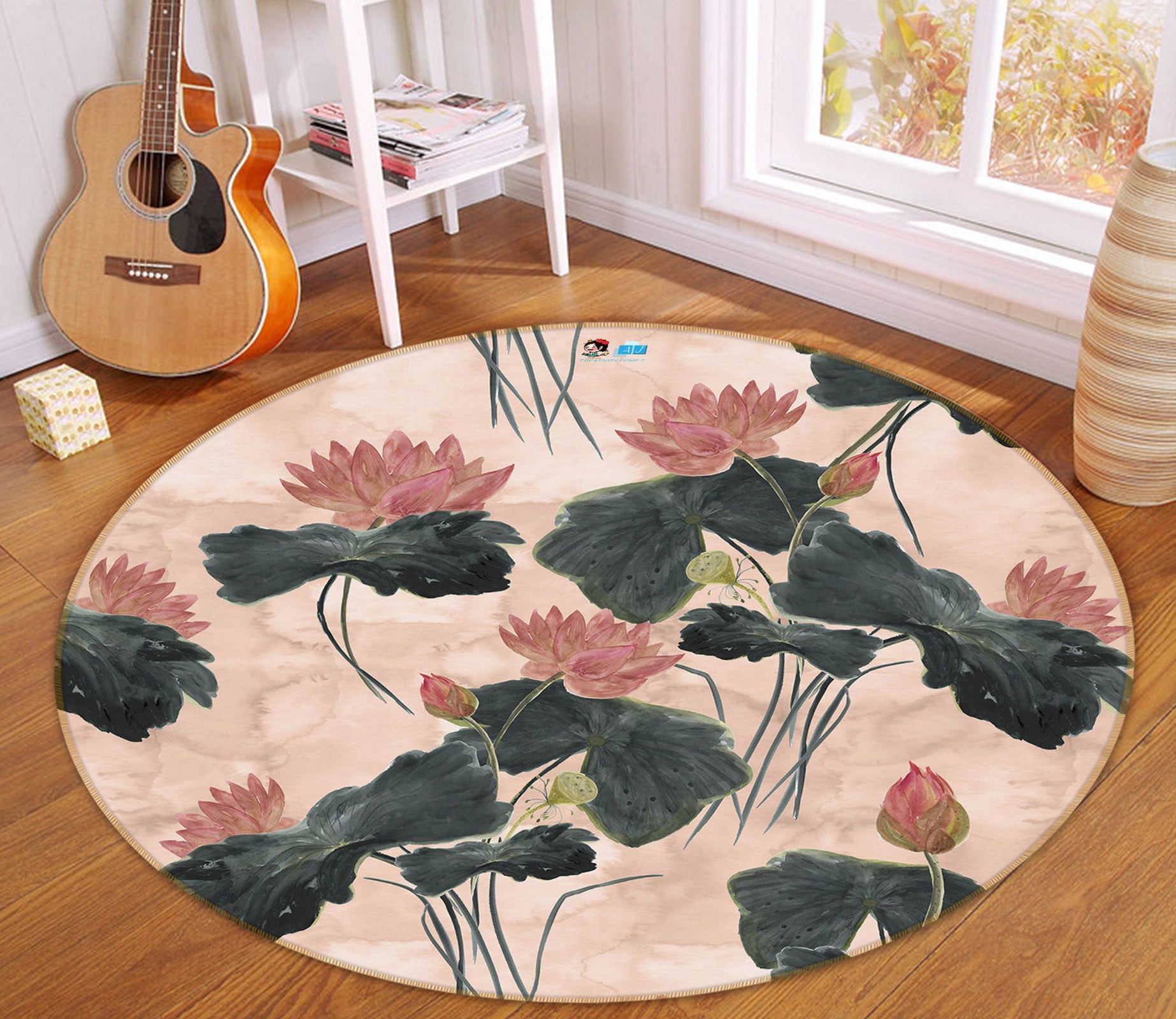 3D Lotus Flowers 69222 Round Non Slip Rug Mat