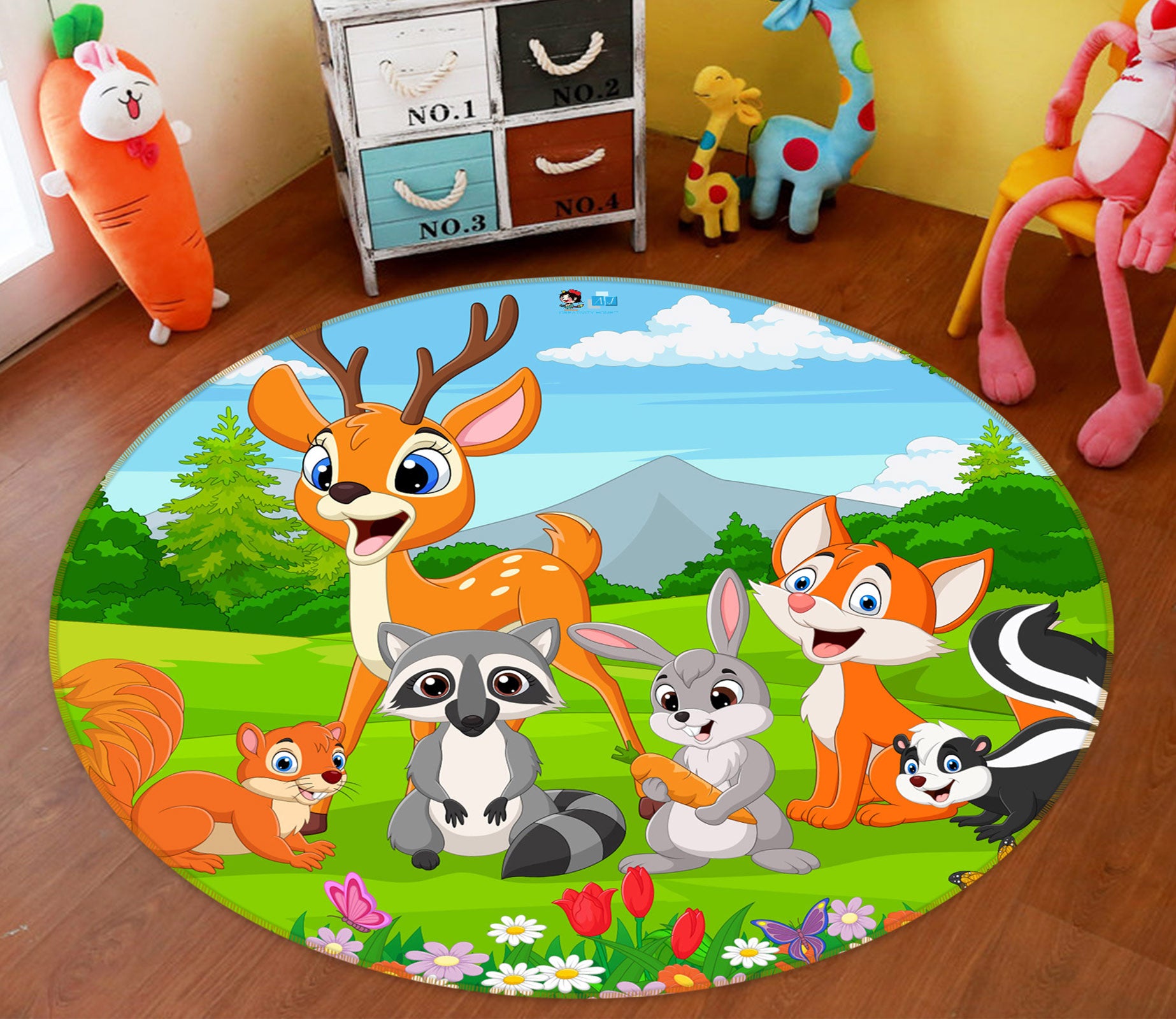 3D Cartoon Animal Meadow 81228 Round Non Slip Rug Mat