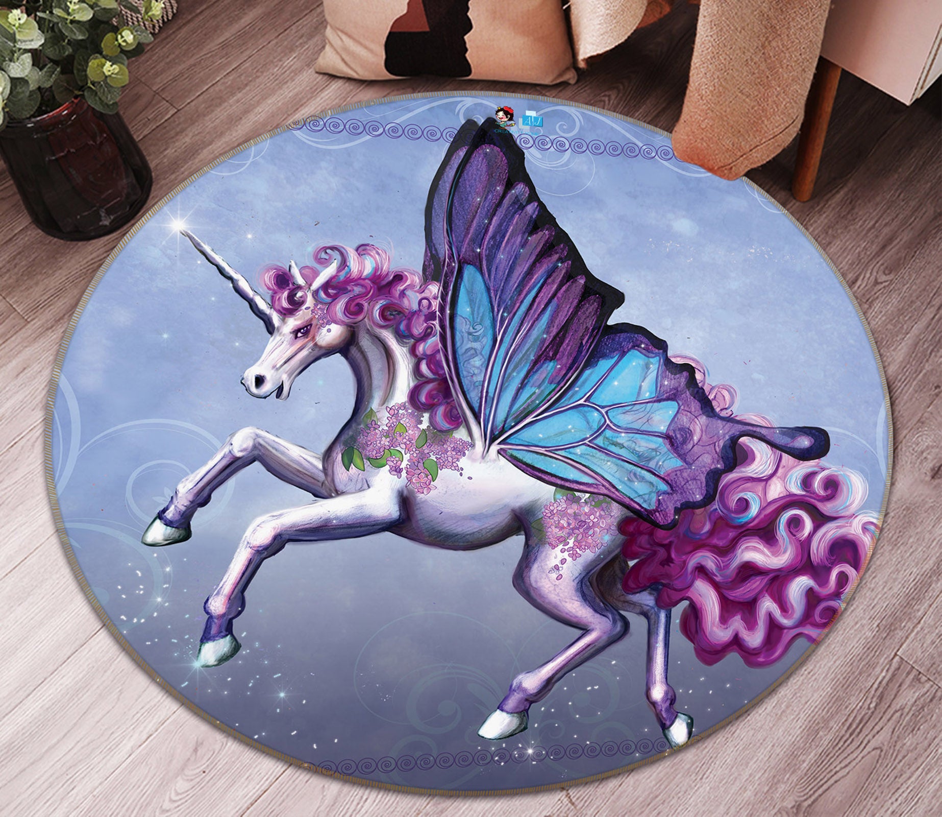 3D Butterfly Unicorn 83154 Rose Catherine Khan Rug Round Non Slip Rug Mat
