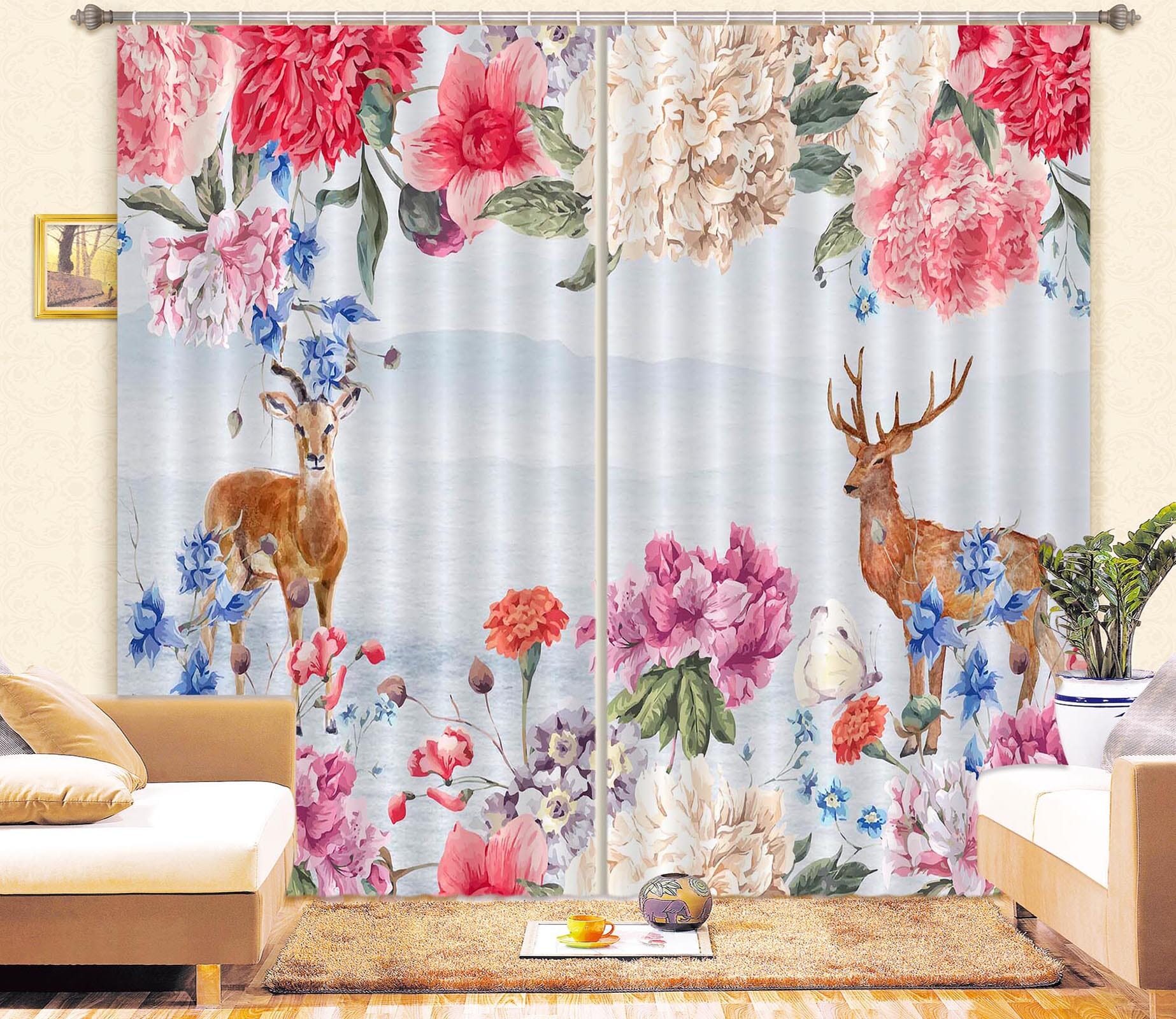 3D Flower Deer 863 Curtains Drapes Wallpaper AJ Wallpaper 