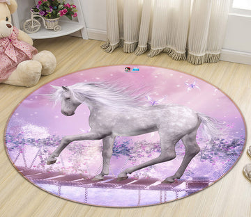 3D White Horse 66190 Round Non Slip Rug Mat