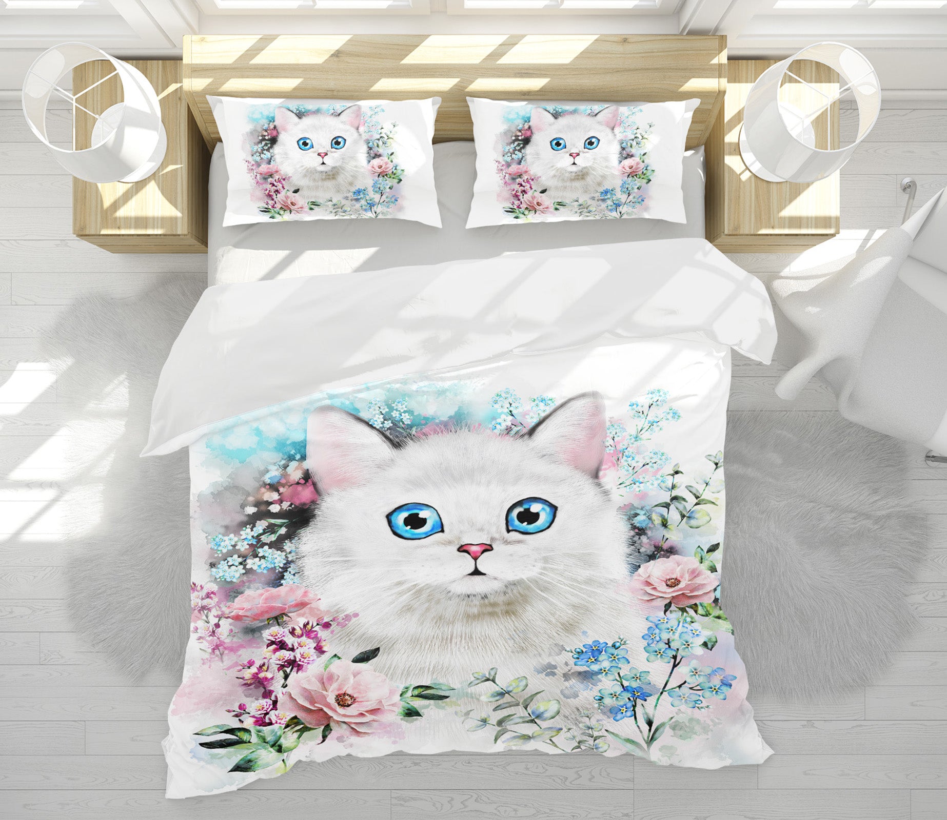 3D White Cat Flowers 15057 Bed Pillowcases Quilt