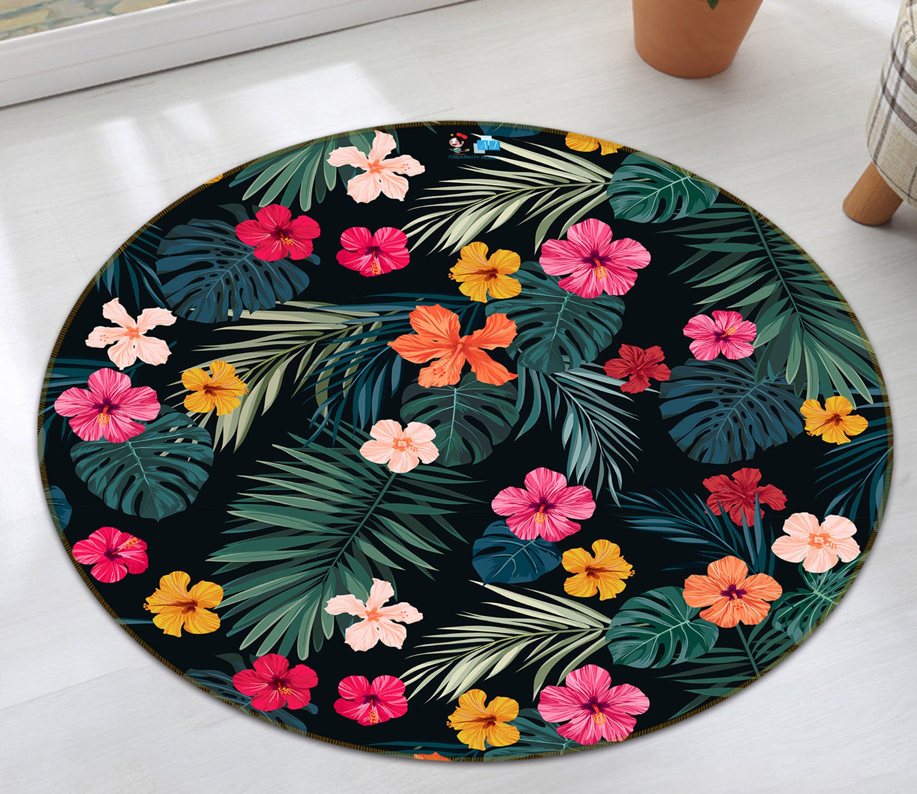3D Flower Leaf Pattern 74183 Round Non Slip Rug Mat