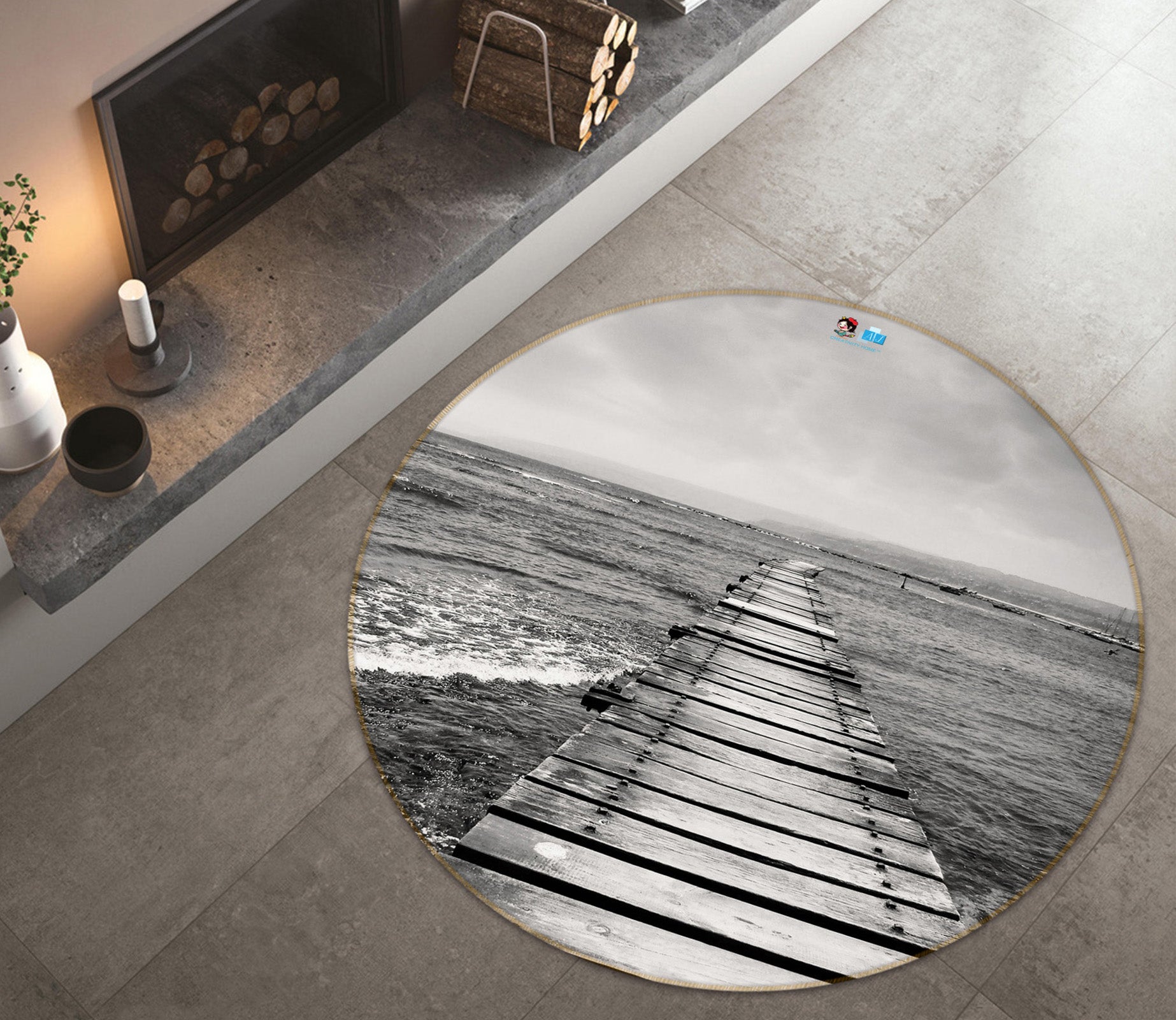 3D Black White Wooden Bridge 74034 Round Non Slip Rug Mat