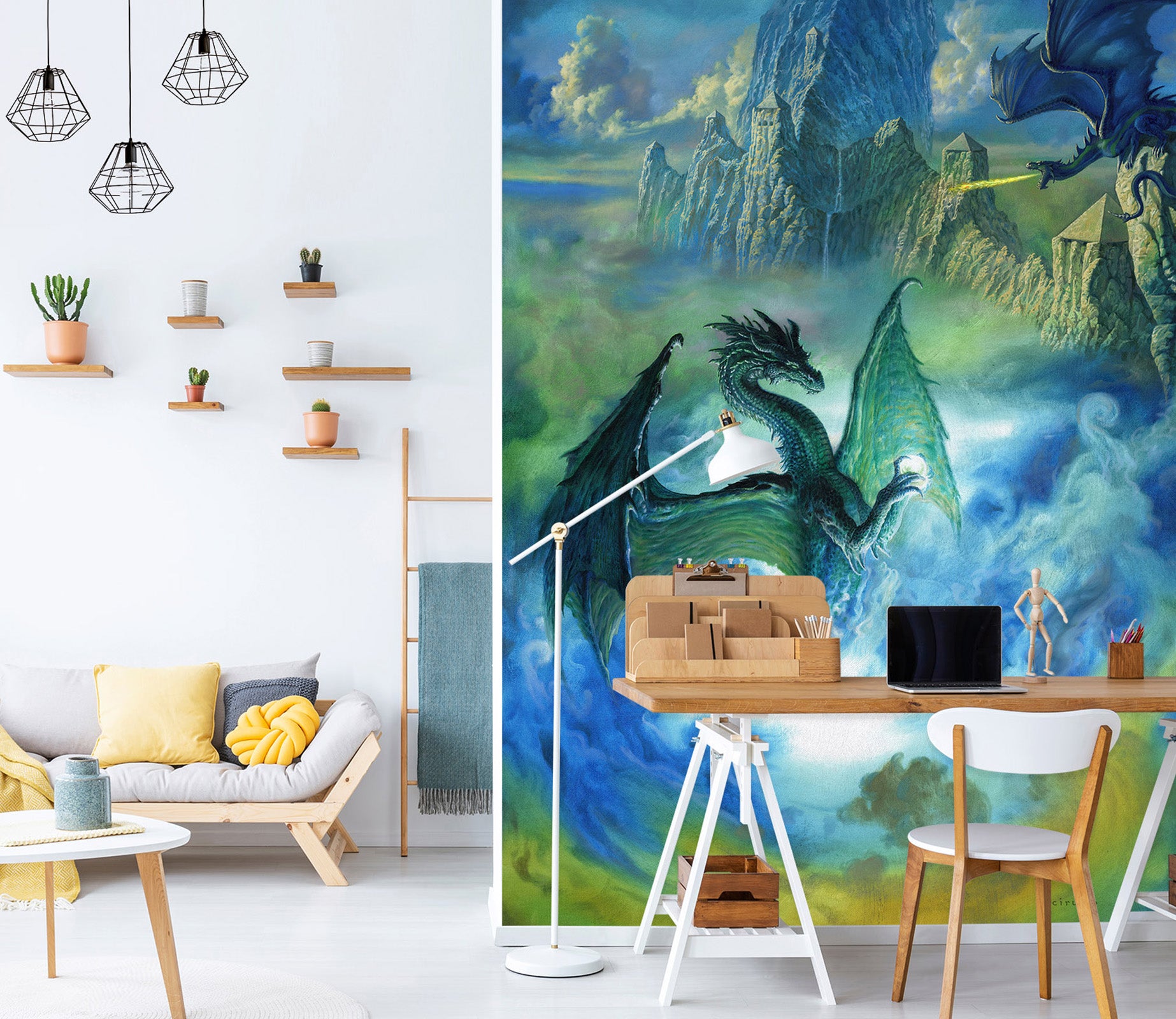 3D Mountains Blue Fog Dragon 7147 Ciruelo Wall Mural Wall Murals
