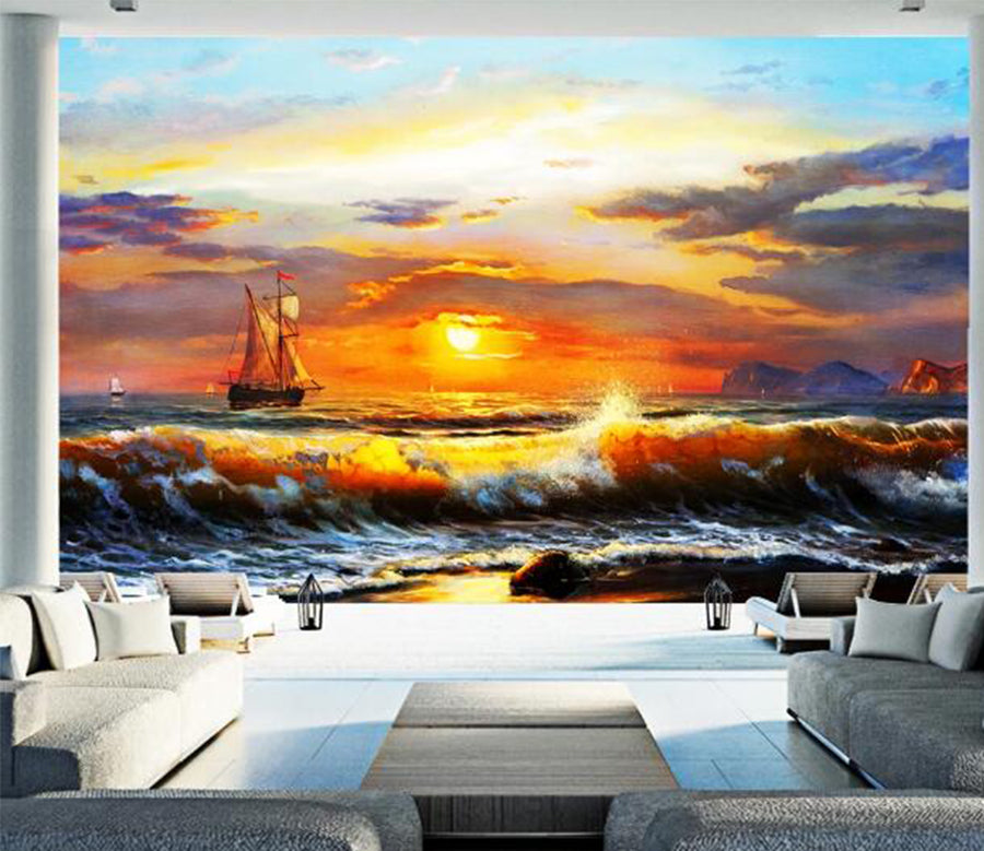 3D Sunset Wave Boat WC194 Wall Murals